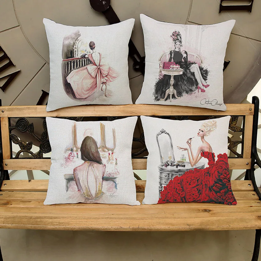 Post-modern Fashion Make-up Lady Girls Print Sofa Decorative Pillow For Garment Shops Cotton Linen Square Cushion for Car 45x45