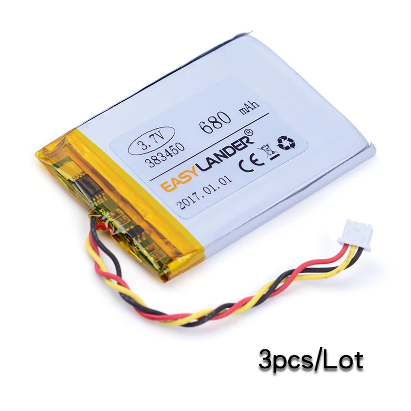 3pcs/Lot JST1.25mm 3pin 383450 3.7V 680mAh Rechargeable Lithium Li-ion Polymer Battery