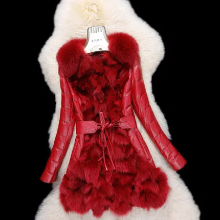 

Real fur one piece slim fox fur coat medium-long 2019 female fur down coat sheepskin add feather