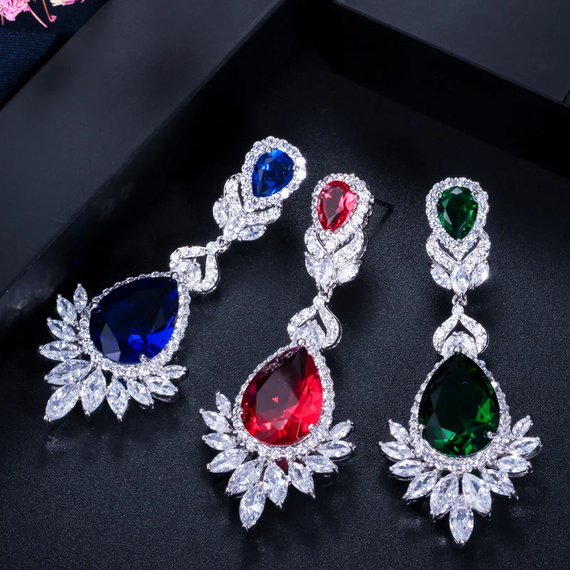 CWWZircons Beautiful Queen Fancy Red Cubic Zirconia Long Bridal Wedding Big Drop Marquise Earrings Brides Jewelry Gift CZ056