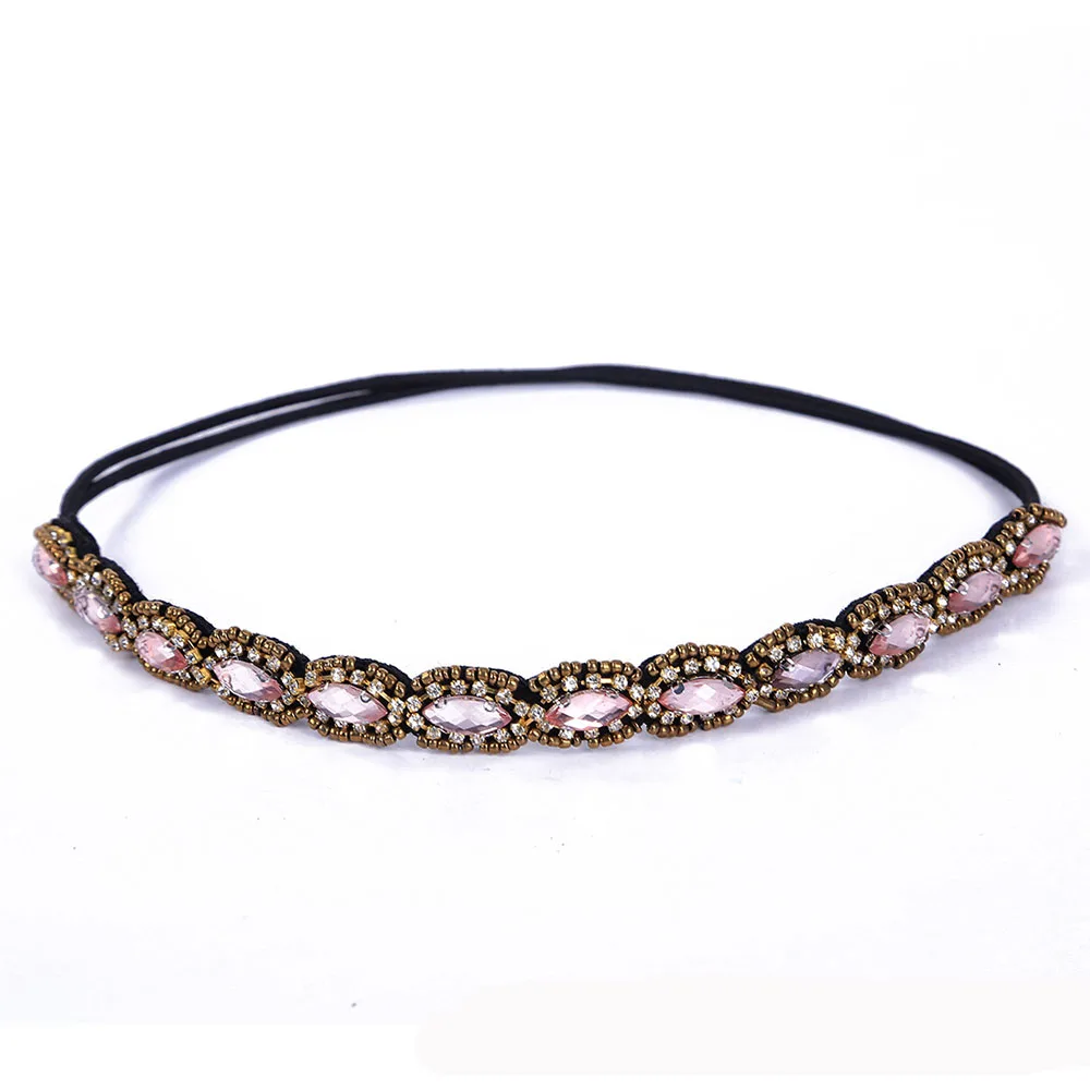 European Rhinestone Beaded Handmade Elastic Hair Band For Women Non-slip Gemstone Headdress Ladies Girls Wedding Headband Bridal