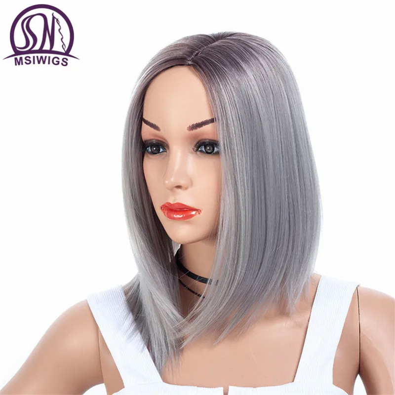 MSIWIGS Black Blonde Short Straight Wigs Synthetic Women Wig Grey Light Root Natural Ombre Hair Wig Heat Resistant