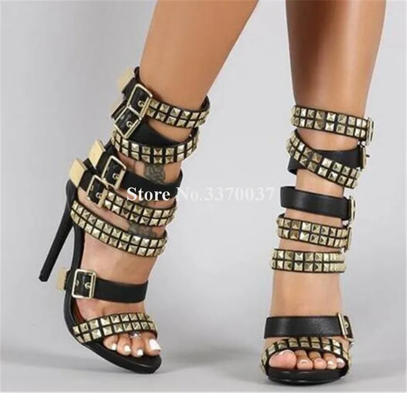 New Fashion Women Open Toe Gold Rivet Straps Thin Heel Gladiator Sandals White Black Buckles High Heel Sandals Club Shoes