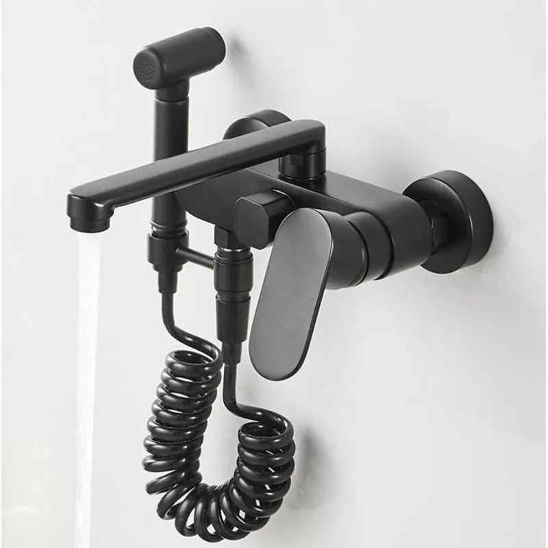 New Black Water Taps Brass Mixer Faucet Kitchen Sink Faucet Single Lever Kitchen Water Mixer Wall Mounted 360 Rotate Crane