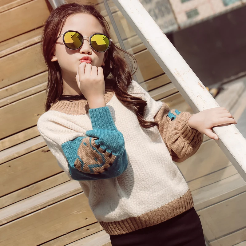 

Fall Winter Hot Girls Multicolored Knitwear Korean Kid Lantern Sleeve Pullovers Children Round Collar Casual Knitted Sweater B20