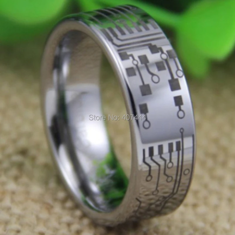 Free Shipping YGK JEWELRY Hot Sales 8MM Comfort Fit CIRCUIT BOARD DESIGN Silver Pipe New Tungsten Wedding Ring