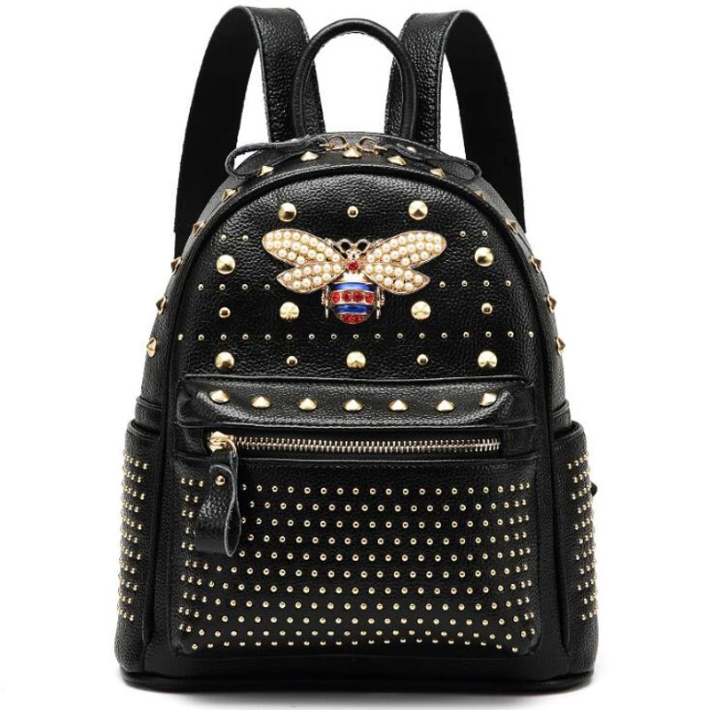 

New Come Fashion Women Bag Diamond Bee Bags Pearl Rivet Travel Shoulder Bag Genuine Leather School Backpack Female Bag