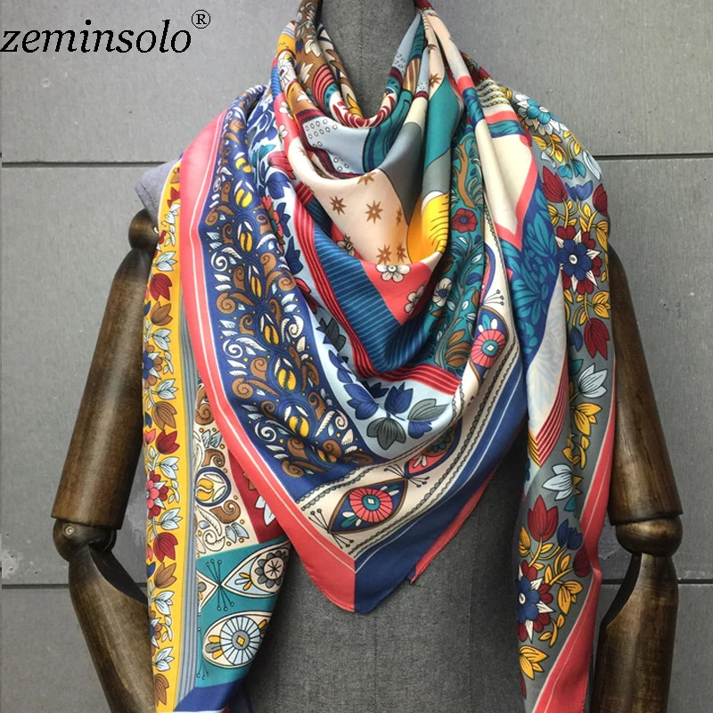 130*130cm Bandana 100% Silk Scarf Women Floral Painting Square Satin Scarves Fashion Brand Ladies Neckerchief Shawls Hijabs