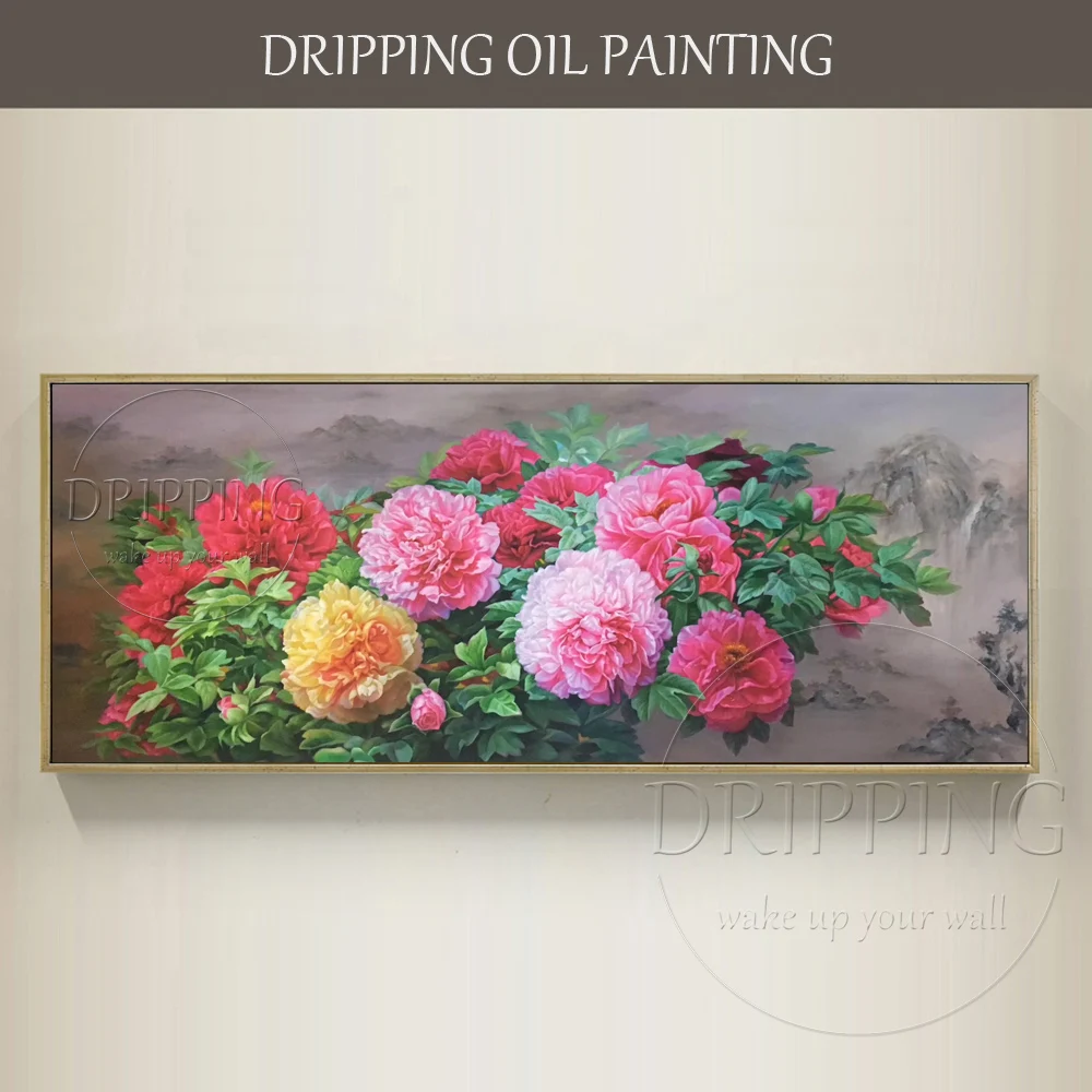 Gifted Artist Hand-painted Top Quality Chinese Peony Oil Painting on Canvas Hand-painted China Style Peony Flower Oil Painting