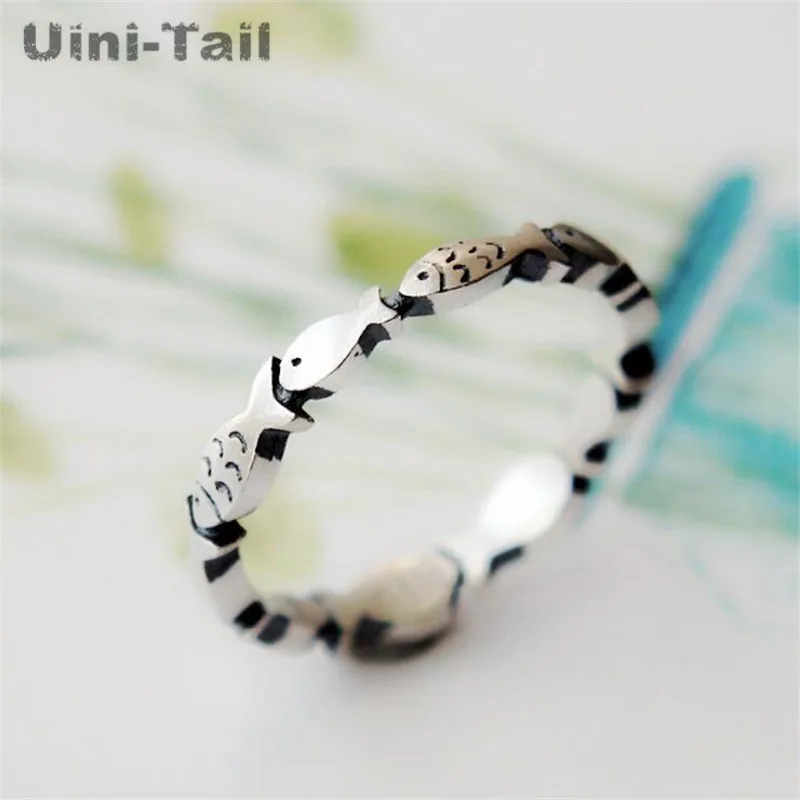 Uini-Tail hot new 925 Tibetan silver retro fashion small fish open ring fashion trend creative exquisite art high quality ring