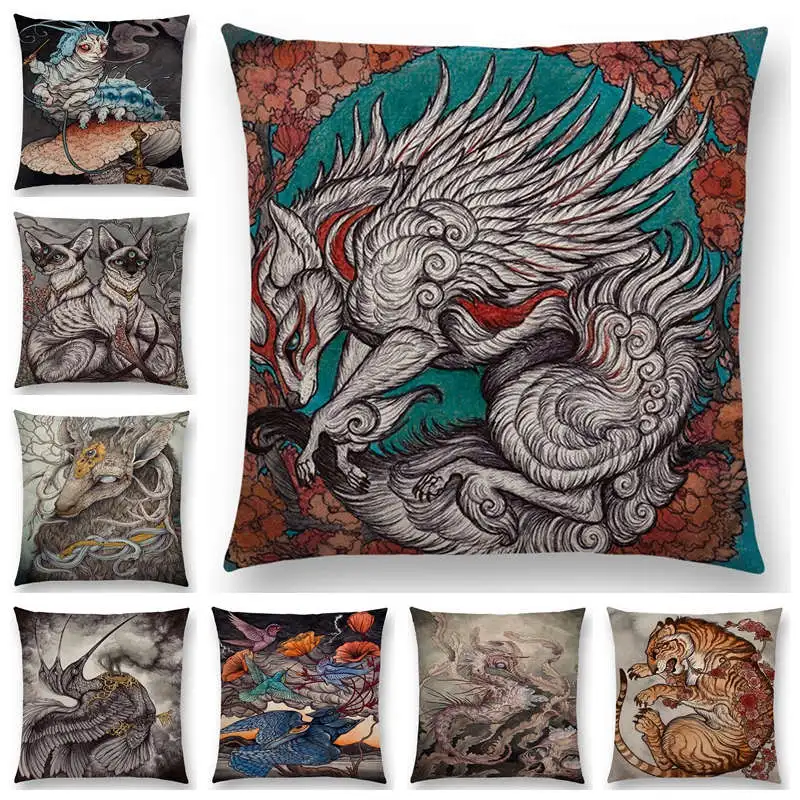 Dark Magic Creatures Mysterious Monster mythical beasts Sofa Pillow Case Cat Deer Bird Fox Tiger Snake Cushion Cover