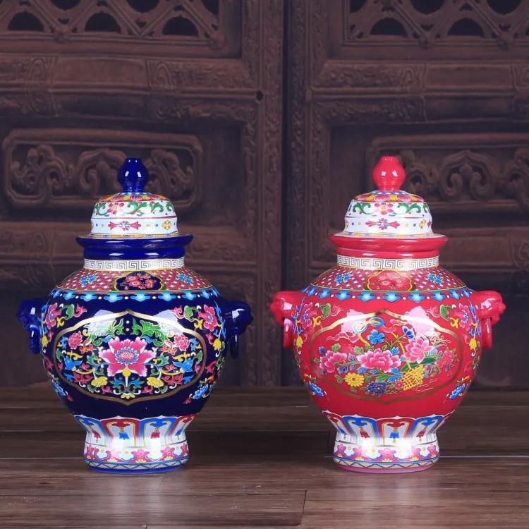 

Jingdezhen Ceramic Vase Enamel Color temple jar Two Ears Ginger jar Ceramic Crafts Glazed Color Vases porcelain jar