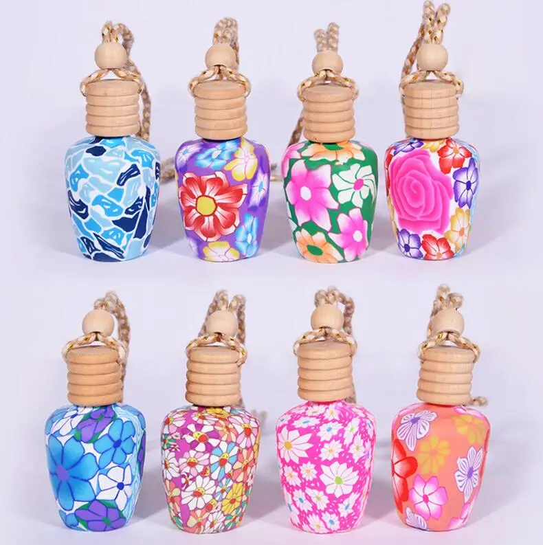 Wholesale 10ml-15ml polymer clay ceramic essential oil bottle Car hanging decoration Wooden Lid Gift LX1005