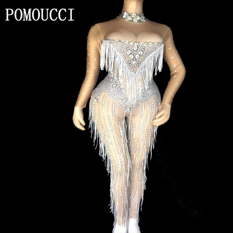 

Women Red Shiny Rhinestone Tassel Jumpsuit Stage Dance Stretch Jumpsuit Costume One-piece Fringes Big Stretch Spandex Rompers