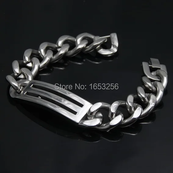 

8.66" High Polished Stainless Steel Mens ID Link Bracelet Chain Heavy huge 15mm wide