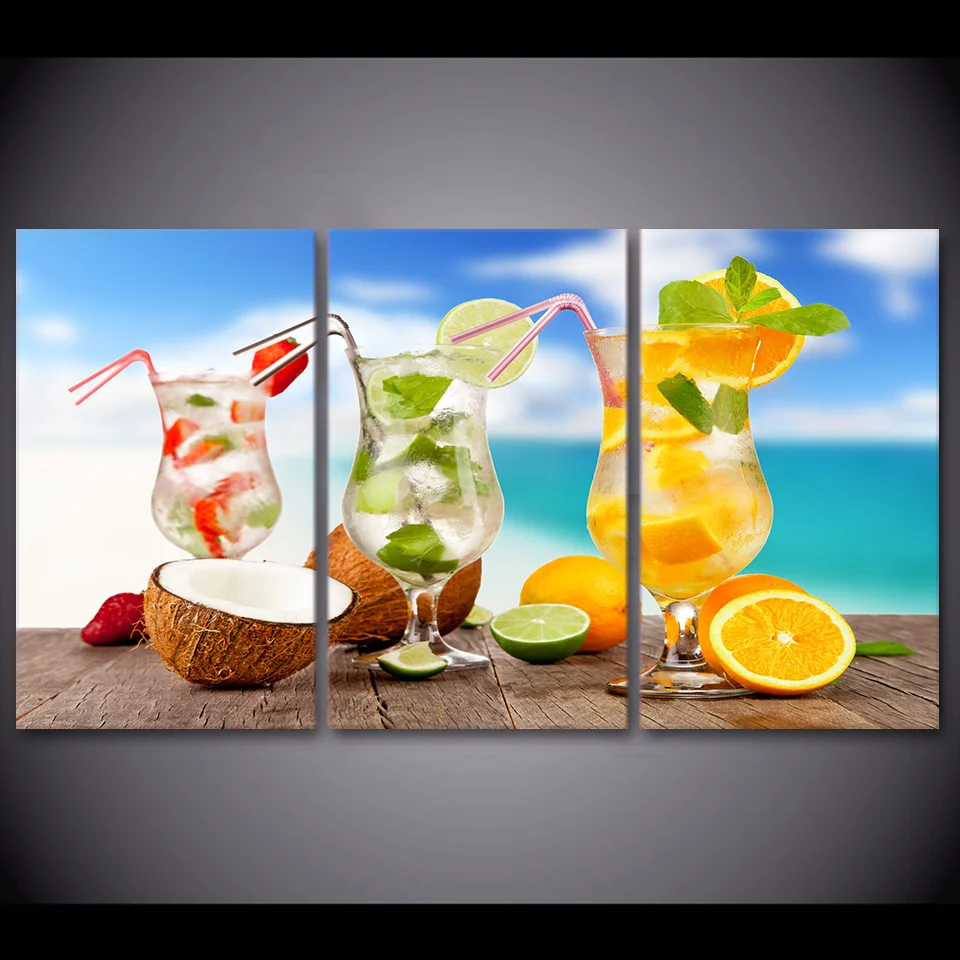 HD Printed 3 Piece Canvas Art Fruit Cold Drink Painting Tropical Seascape Wall Pictures for Living Room Free shipping NY-6971D