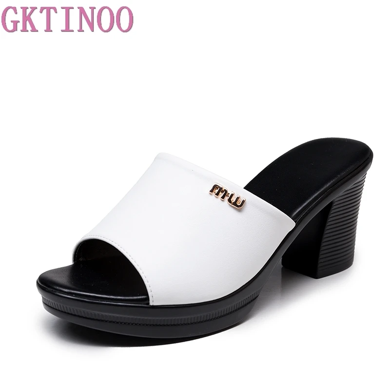 GKTINOO Women Sexy High Heel Clogs Summer Peep Toe Platform Mules Ladies Genuine Leather Slippers Female Slip On Sandals Shoes