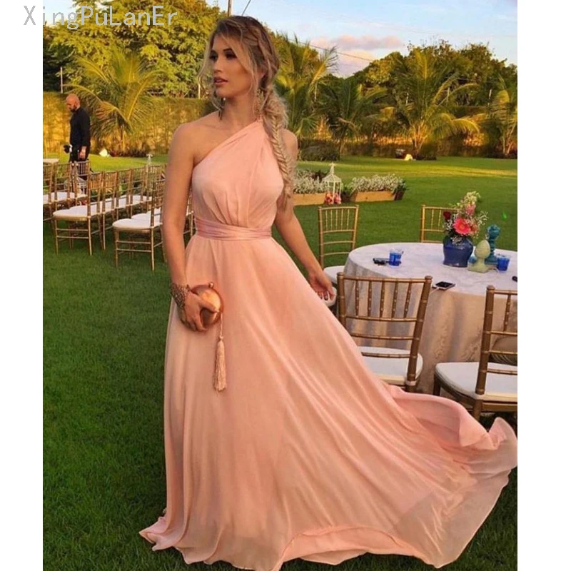 

robe de soiree One Shoulder Simple Elegant Designer Dress Long Evening Dress Rose Gold Chiffon PromDress Formal Vestido De Festa