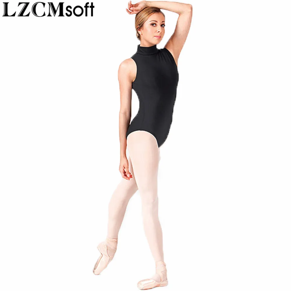 LZCMsoft Adult Nylon High Mock Neck Tank Leotard Women Stretchy Black Sleeveless Ballet Dance Bodysuits Casual Wear Back Zipper