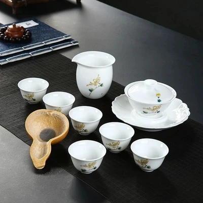 

Kung Fu Tea Set Modern Minimalist Home Hand-painted Ceramics Gaiwan Teacup Japanese-style White Porcelain Office Teaware Set