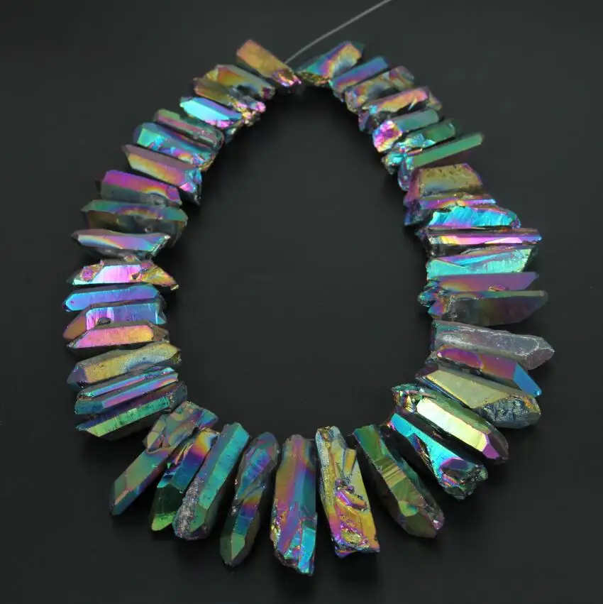 

15.5"Strand Rainbow AB Titanium Quartz Crystal Top Drilled Point Pendant Bead,Rock Raw Stone Pillar Jewelry 8-10x30-48mm