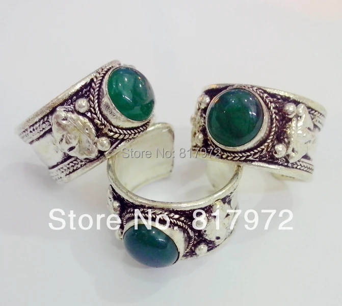 

10pcs Old Tibet Silver Deep Green Bead Carved Lace Ring Adjustable
