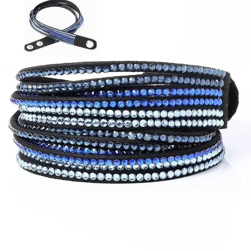 Multilayer Leather Personality Hematite Lucky Full Crystal Snap Button Wrap Bracelet