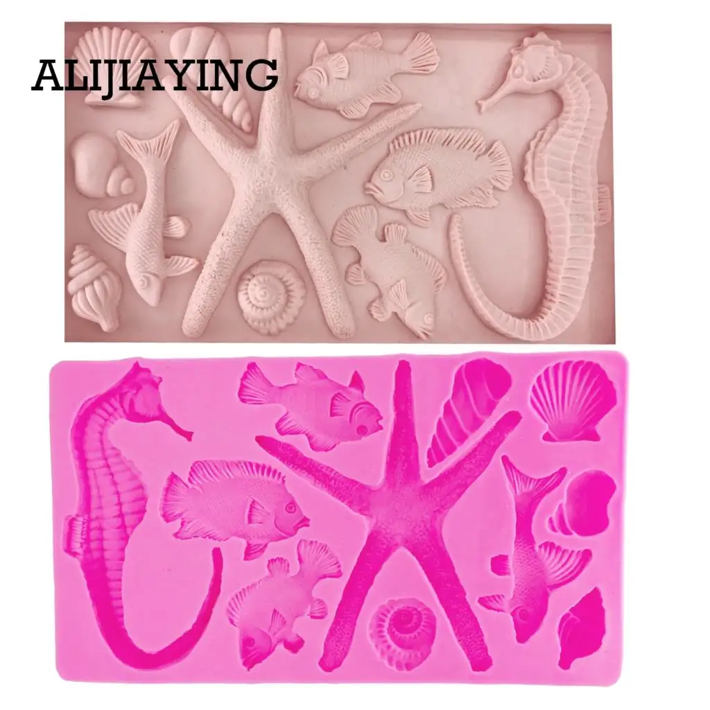 M1374 Seahorse starfish Silicone Fondant Mold Fish Shell Conch DIY Cake Decorating tools Chocolate Molds Resin Clay Mold