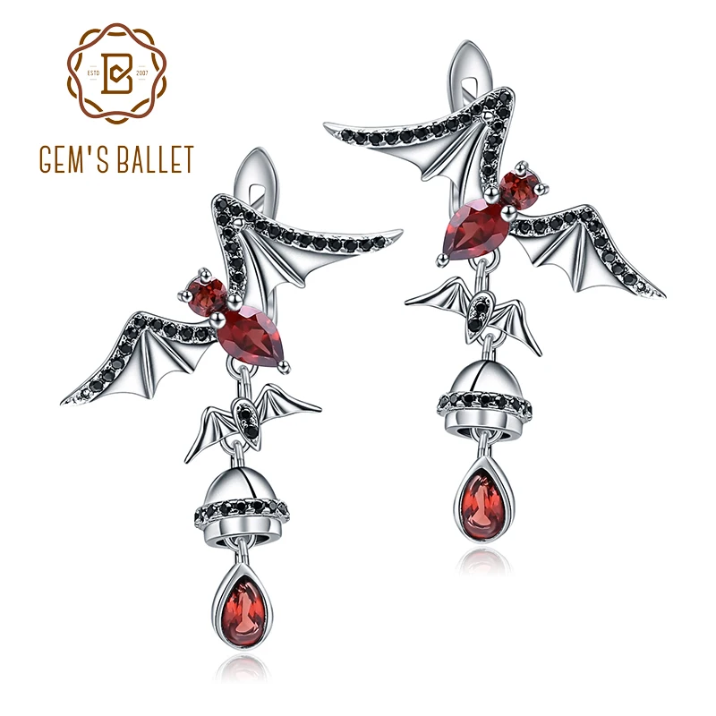 

GEM'S BALLET Natural Garnet Gemstone Bat Earrings 925 Sterling Sliver Vintage Gothic Punk Drop Earrings For Women Party Jewelry