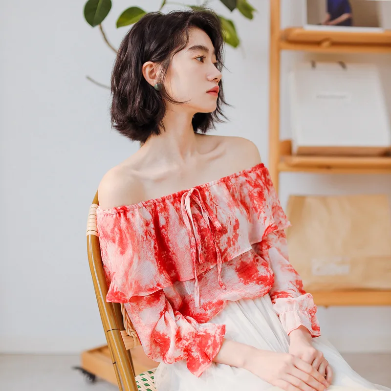 

Summer Chiffon Shirt Chic Strapless Slash Collar Ruffled Printing Loose Blouse Women Temperament Three Quarter Sleeve Top H9174