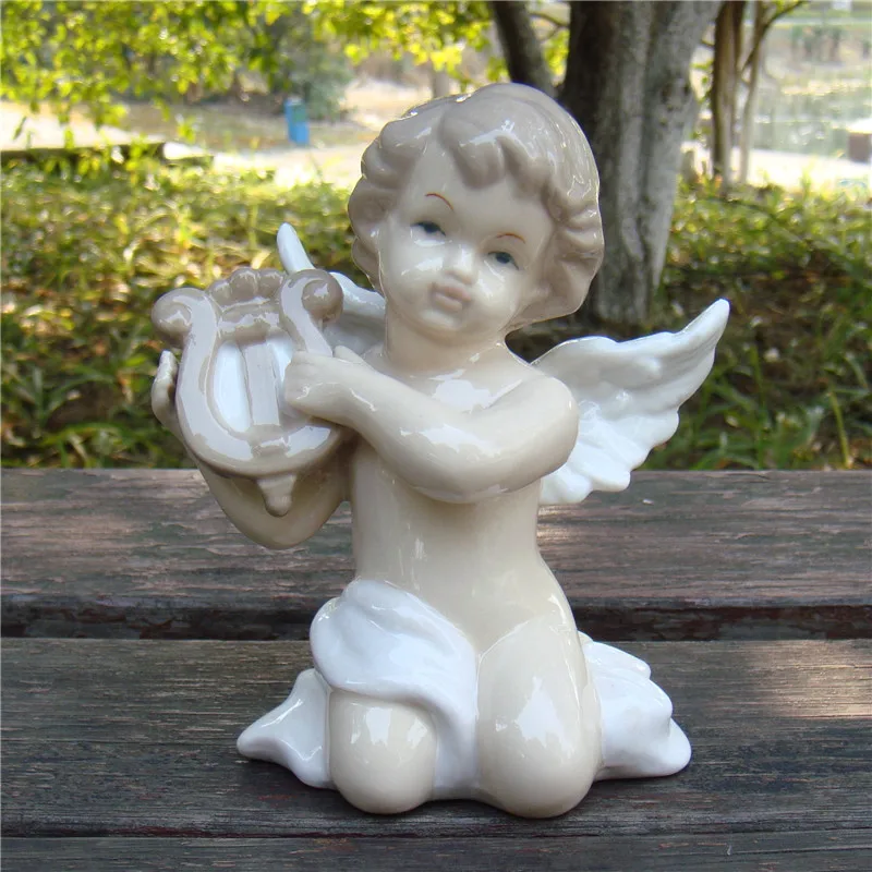 Cute Porcelain Music Angel Figurine Handmade Ceramics Angel Cupid Miniature Household Embellishment Decor Gift Craft Accessories