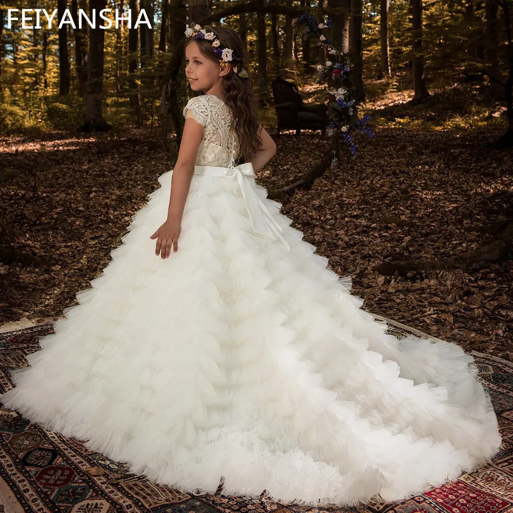 Robes à fleurs pour filles, en dentelle de haute qualité, avec des Appliques de perles, robes de bal à manches courtes, robe de première Communion personnalisée, nouvelle collection