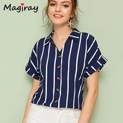 Magriay-Blusa de oficina con manga murciélago para mujer, camisa informal elegante coreana con botones, color blanco y azul, C210