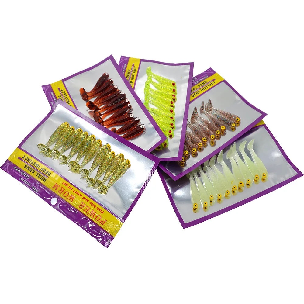 Small Fish Soft Bait 5cm Artificial Lures with Fish Smell Green Purple Glow in Dark Worm 10 Pieces/Bag