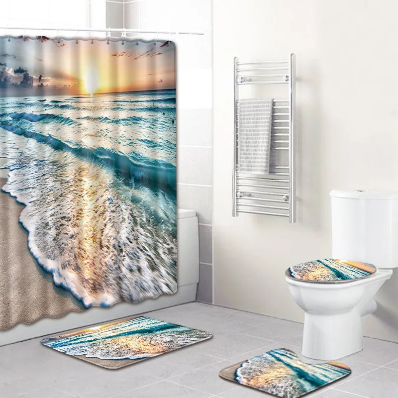 Sunset Seaside Landscape Bathroom Shower Curtain Pedestal Toilet Seat Mat+Lid+Bath Mat Home Decor Anti Slip Carpet 4Pcs