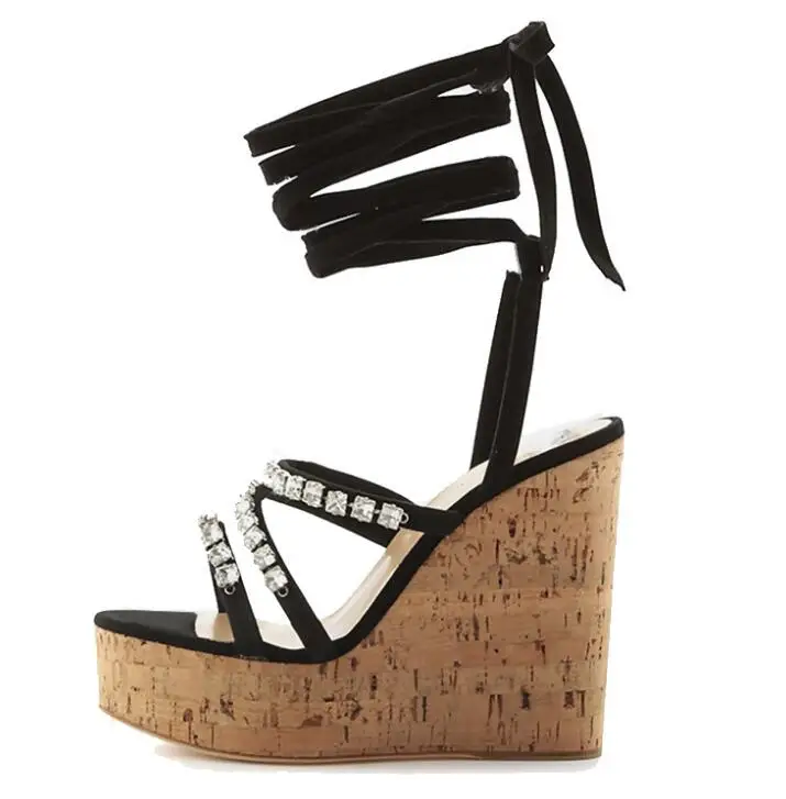 New Wedged Wood Grain Printed Crystal High Heel Sandals Women Cross Straps Summer Black  Sandal Shoes Wedges