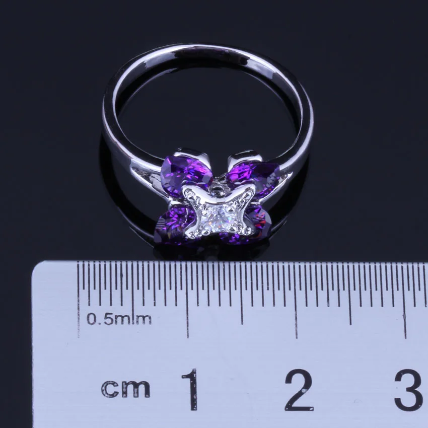 Silky Heart Shaped Purple Cubic Zirconia White CZ Silver Plated Ring V0423