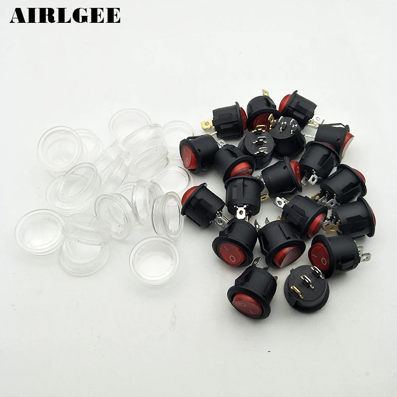 High quality 20pcs SPST Red Light Round Rocker Switch 3Pin ON/OFF AC 6A/250V 10A/125V w Waterproof Cover