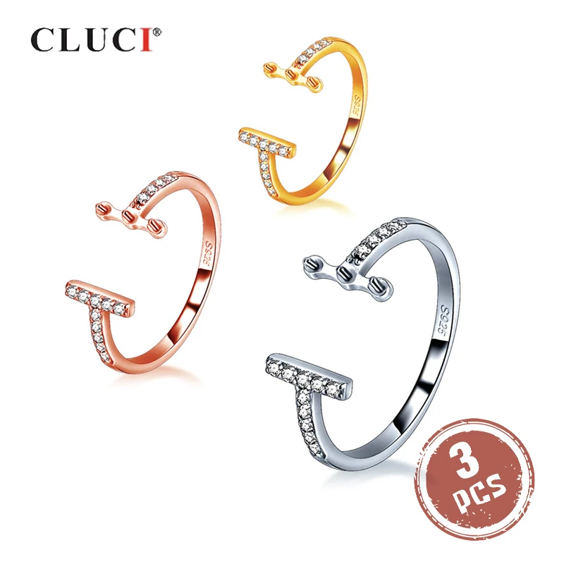 

CLUCI 3pcs 925 Sterling Silver Adjustable Zircon Open Rings for Women Real Silver 925 Pearl Ring Mounting Gift Jewelry SR2238SB