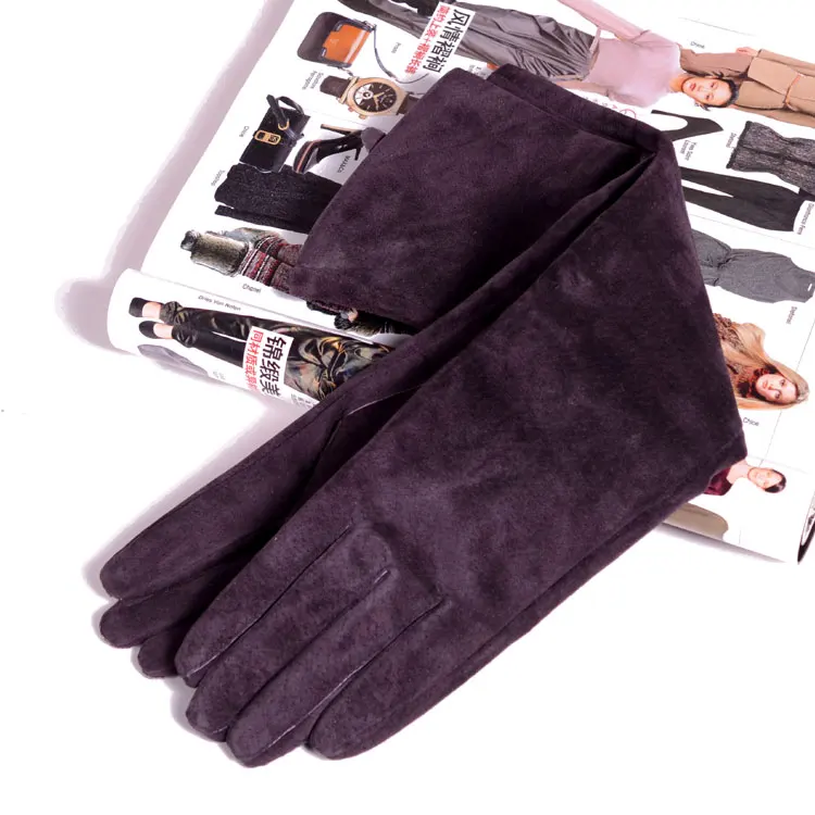 2024 Fall/Winter Fashion Women Pigskin Suede Genuine Leather Fold Long Glove Lady 30/40/50cm Black/Pink/Red Classic Luvas Mujer