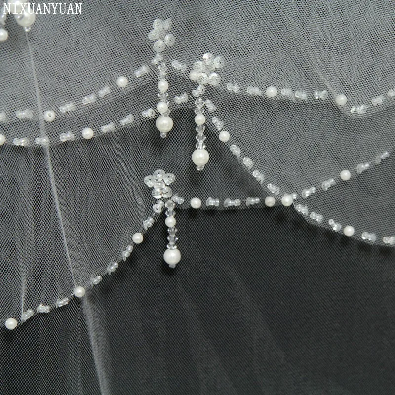 Velos de novia cortos de tul con perlas, borde de cuentas, dos capas, blanco, marfil, accesorios de boda, barato, nuevo, 2021