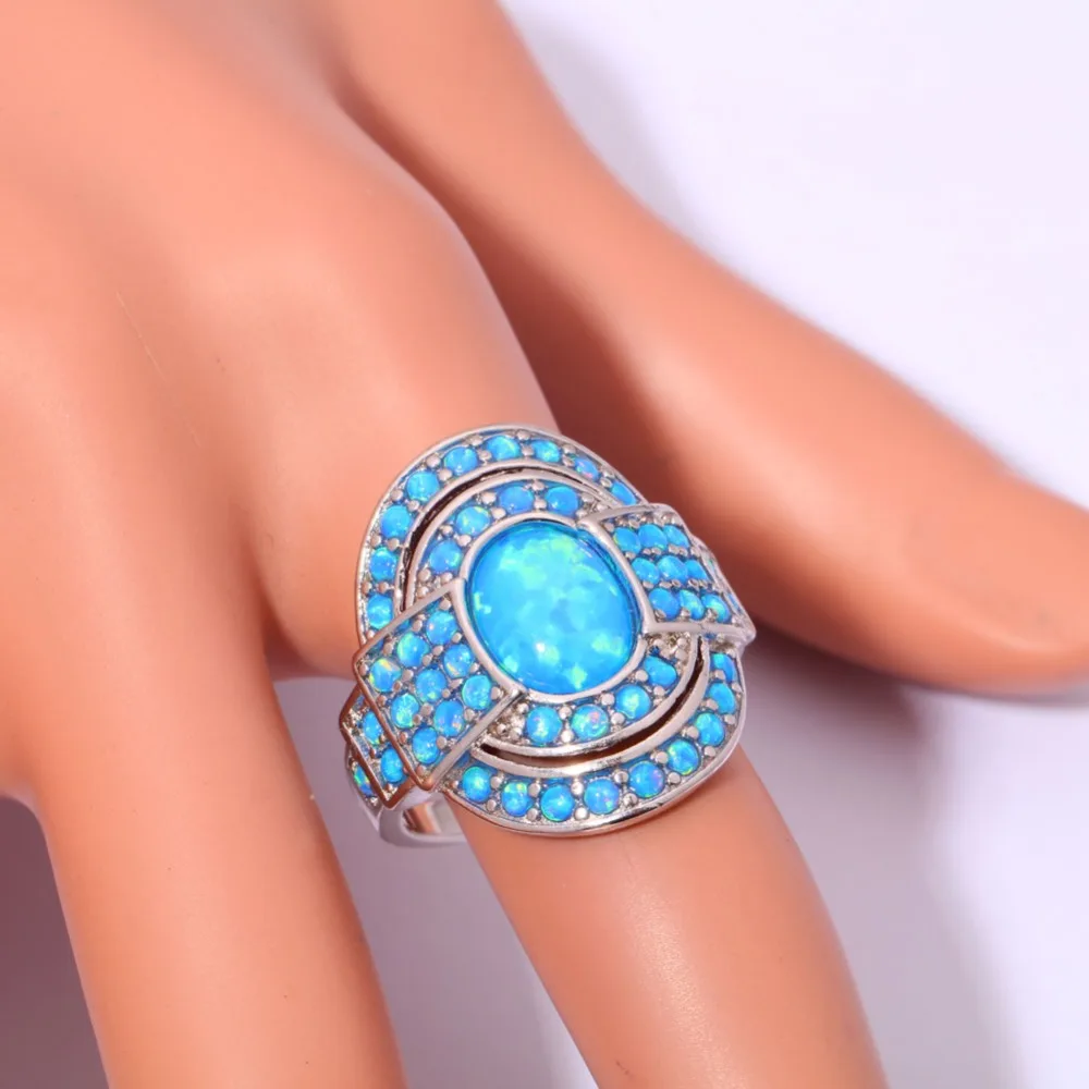 CiNily Vintage Blue Fire Opal Rings With Stone Silver Plated Luxury Large Bohemia BOHO Summer Cocktail Party Fully-Jewelled