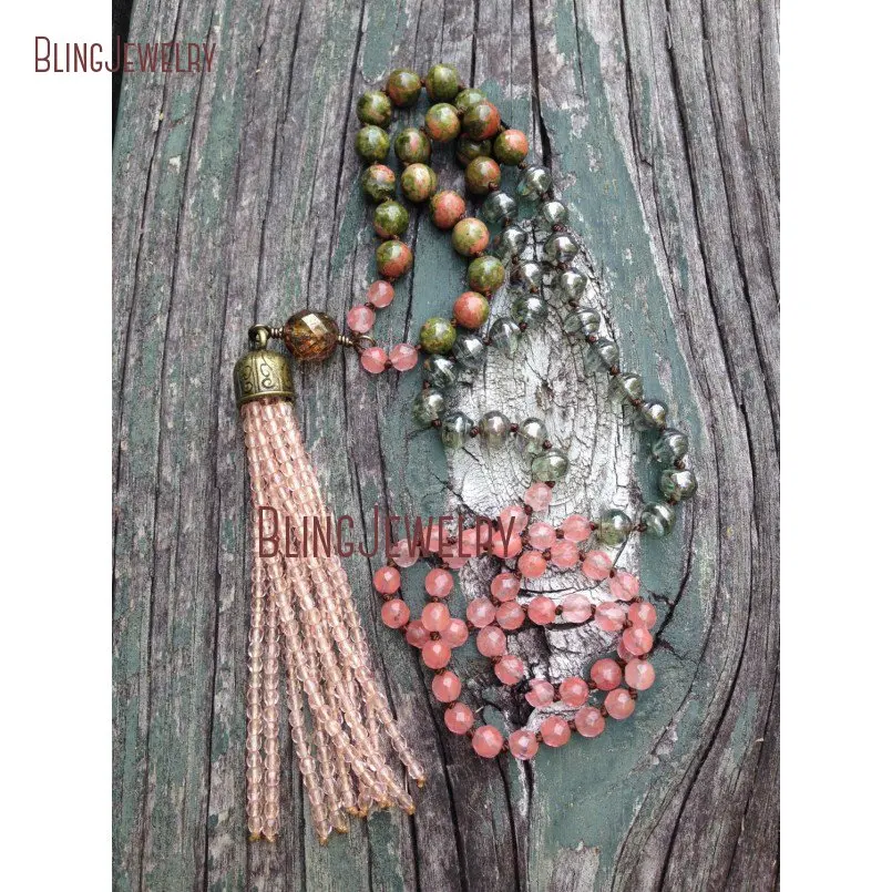 Romantic Garden Color Bead Tassel Boho Knot Unakite and Stawberry Crystal Bbeads Necklace with Pink Seed Beads  NM20630