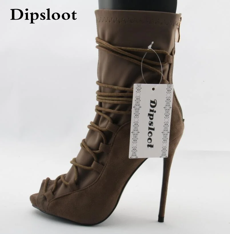 

New Arrival Women Fashion Open Toe Suede Leather Lace-up Gladiator Boots Super High Heel Ankle Boots Free Shipping