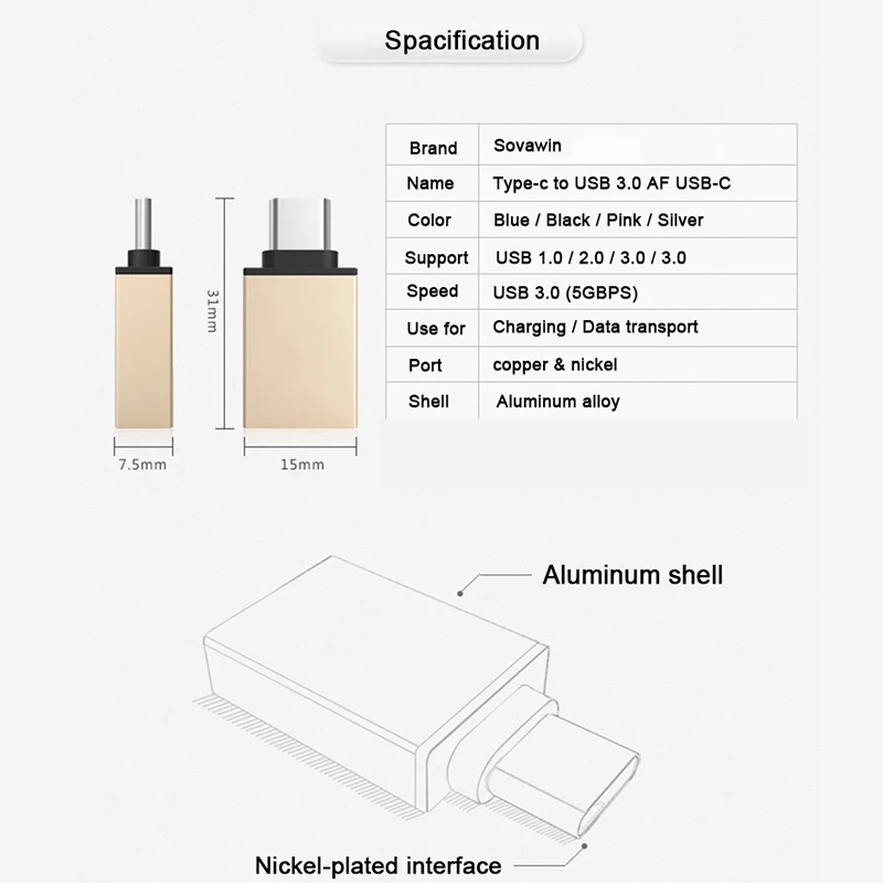 Sovawin Type C Adapter USB 3.1 Male to USB 3.0 Female USB OTG Charging Data Type-C Converter for Macbook for Xiaomi Phone