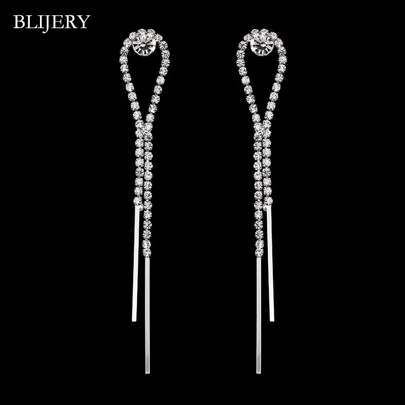 BLIJERY Simple Silver Color Crystal Rhinestone Long Strip Bridal Earrings Hanging Dangle Earrings For Women Wedding Jewelry