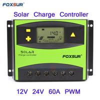 FOXSUR LCD Solar Charge Controller 60A PWM 12V 24V Auto Solar Panel Charging Discharge Regulator, Parameter Adjustable