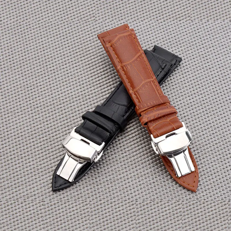 Double click the butterfly leather leather watch accessories Leather Watchband Brown / black 18/20/22 one generation