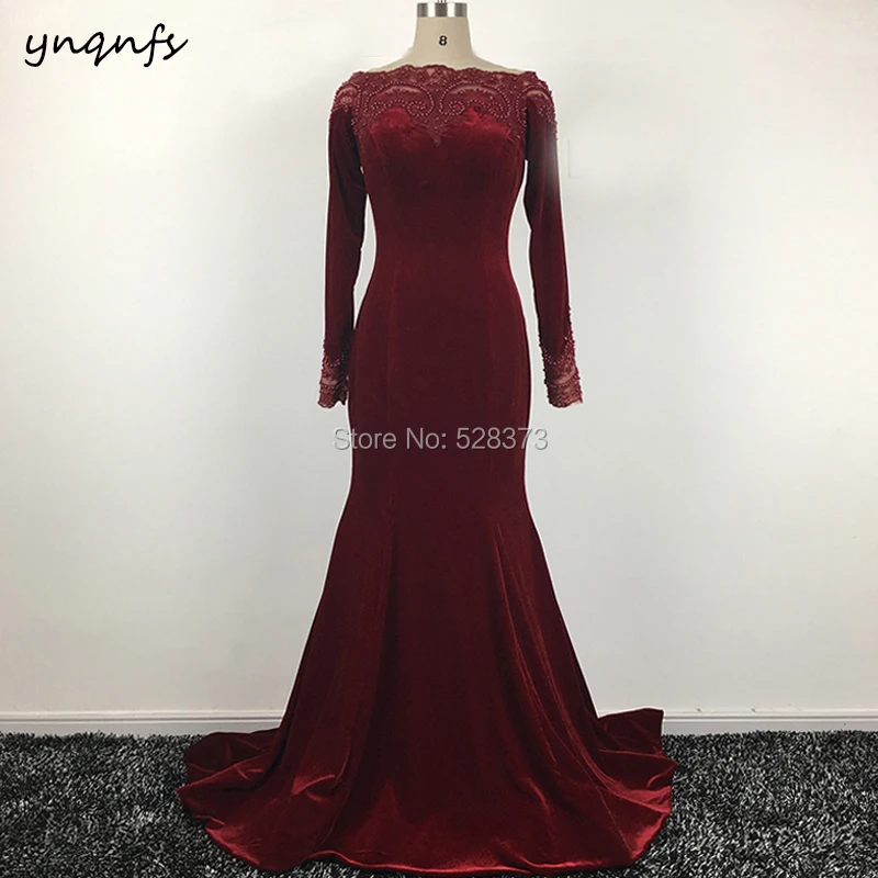 YNQNFS MD156 Real Ceremony Anniversary Evening Party Dress Mermaid Long Sleeve Mother of the Bride/Groom Dresses Velvet 2019