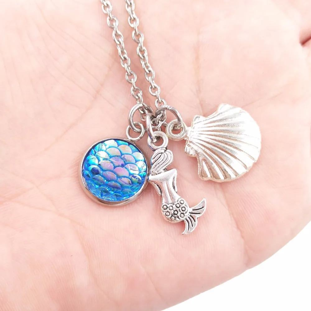 Bulk 10pcs Mermaid Scale Seashell Pendant Necklace Ocean Sea Beach Theme Stainless Steel Chain Wholesale Handmade DIY Jewelry